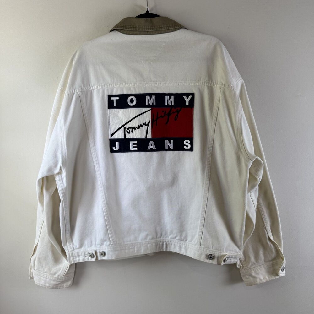 Vintage Tommy Hilfiger White Denim Jean Jacket | Big Logo 90s Oversized, XL